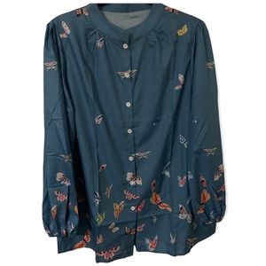 Women’s | High Neckline Long Sleeve Collared Button Down Shirt | Blue Gray | XL